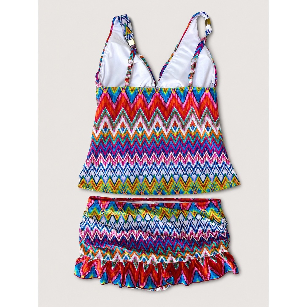 Kenneth Cole Reaction Womens Chevron Tankini Set Multicolor Zigzag Skirted M - Picture 2 of 4